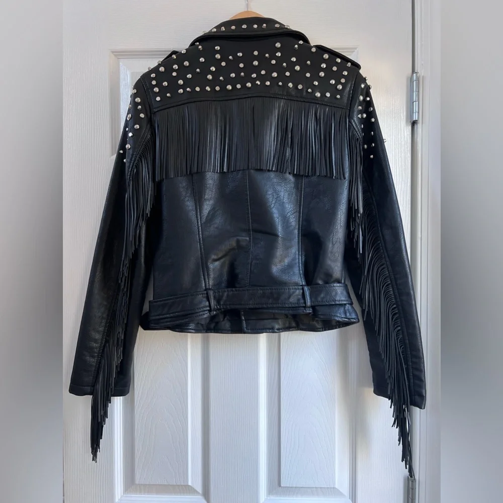PINK ROSE Black Studded Fringe Leather Moto Jacket - Picture 9 of 10